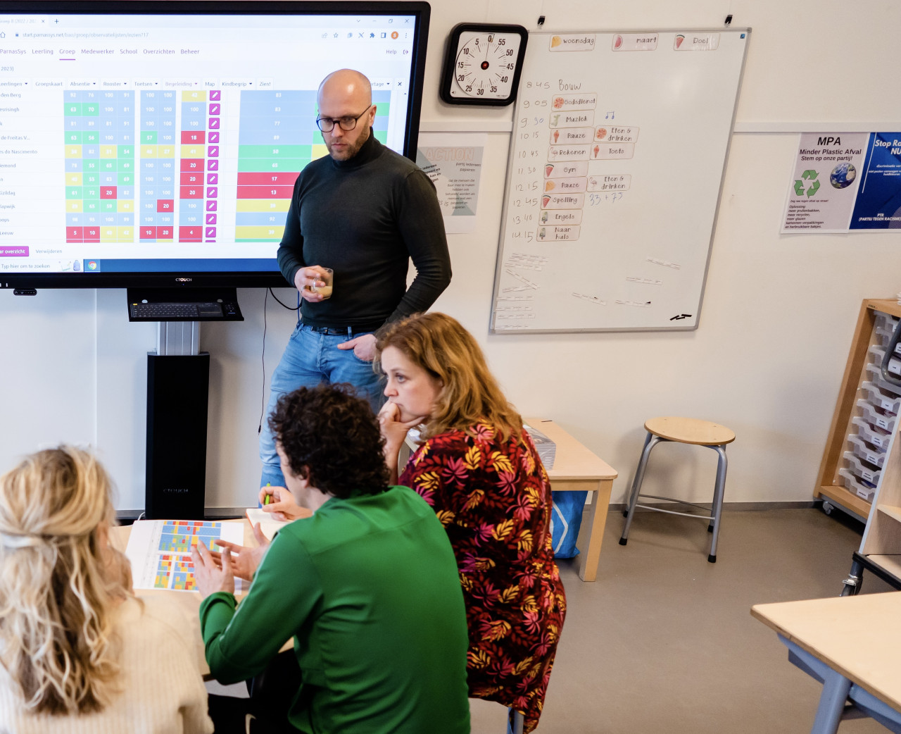 Leerkrachten overleggen aan tafel en schoolbord